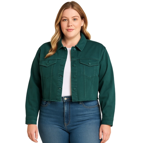 Judy Blue Jackets & Blazers - JUDY BLUE Cropped Denim Jacket Plus 3XL Teal Raw Hem Stretch JB7864 NEW